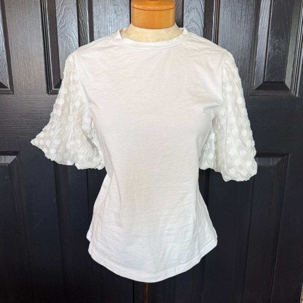 Anthropologie White Short Sleeve Textured Puff-Sleeve Tee